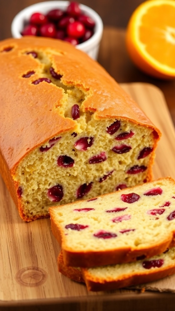 Sliced orange cranberry bread on a wooden board, showcasing its moist texture and cranberries.